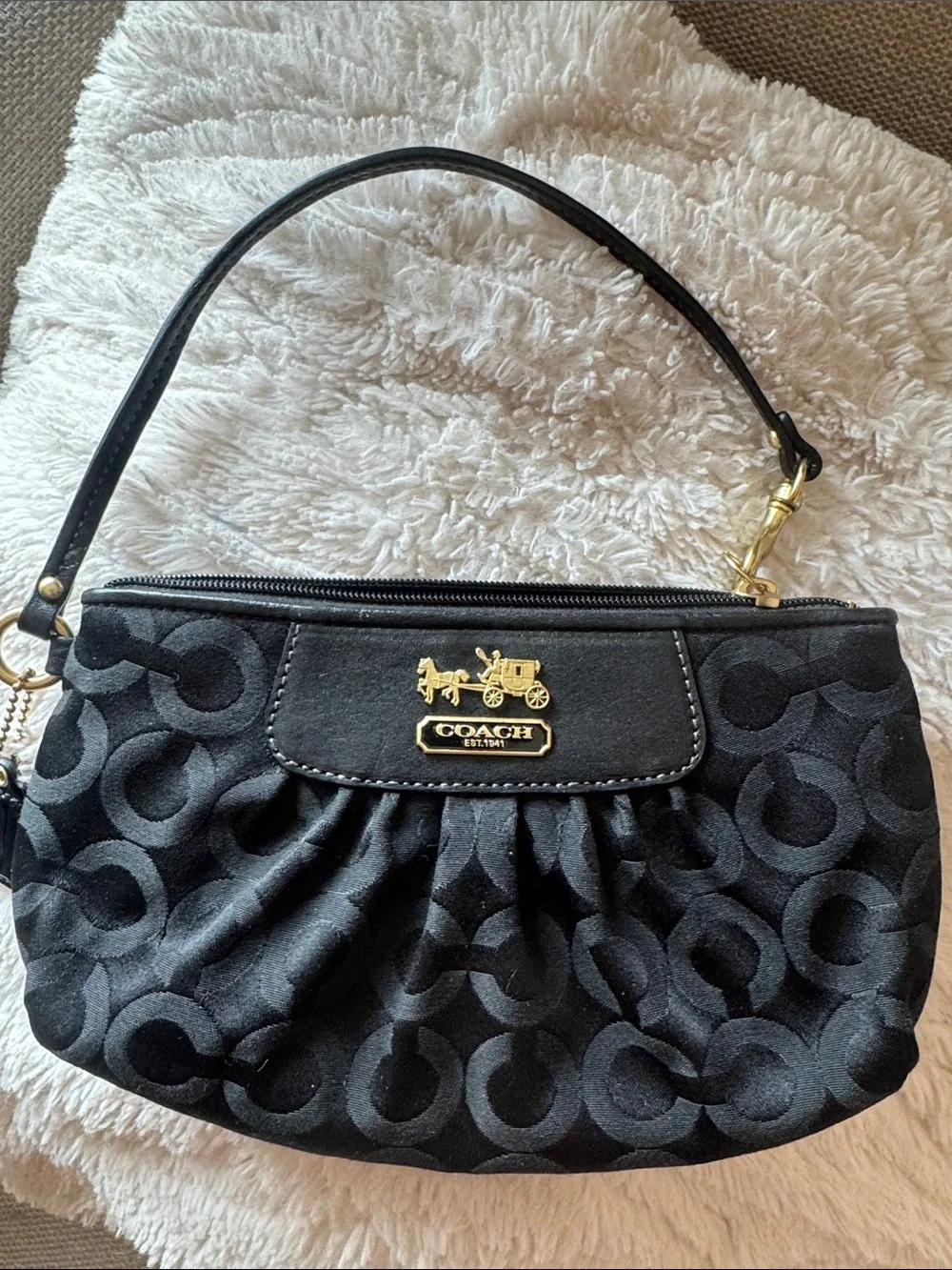 Coach Black Signature Jacquard Pleated Wristlet with Gold Hardware